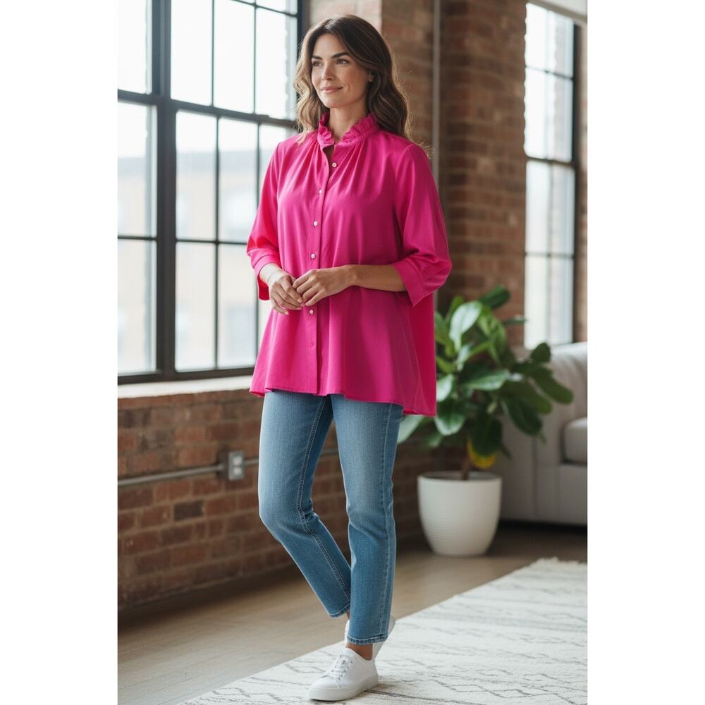 $228 Sara Campbell Sz M SILK Blouse Top Shirt Fuchsia Pink Dressy Evening